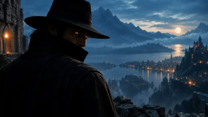 Cinematic film frame of a mysterious figure in a dark hat, warmly glowing eyes, and a distant blue landscape