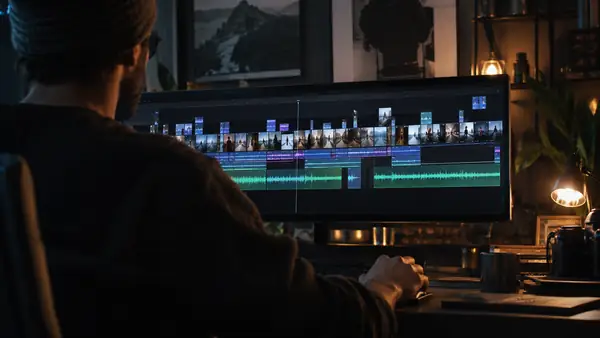 Realistic dark professional video timeline with many short clips and audio waveforms, accompanied by a concise batch-edit instruction