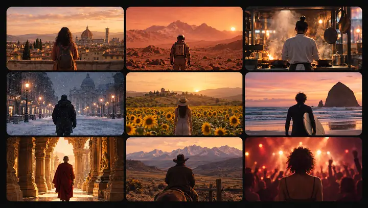 A grid of cinematic storyboard frames showing varied people and locations